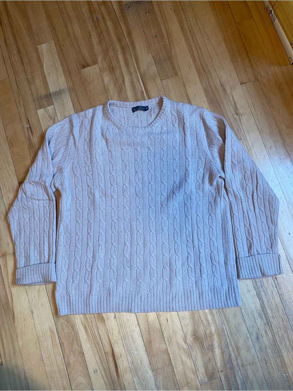 Wool Cable Knit Crewneck Sweater Cream Taupe Beige Size M Cottagecore 100% Wool